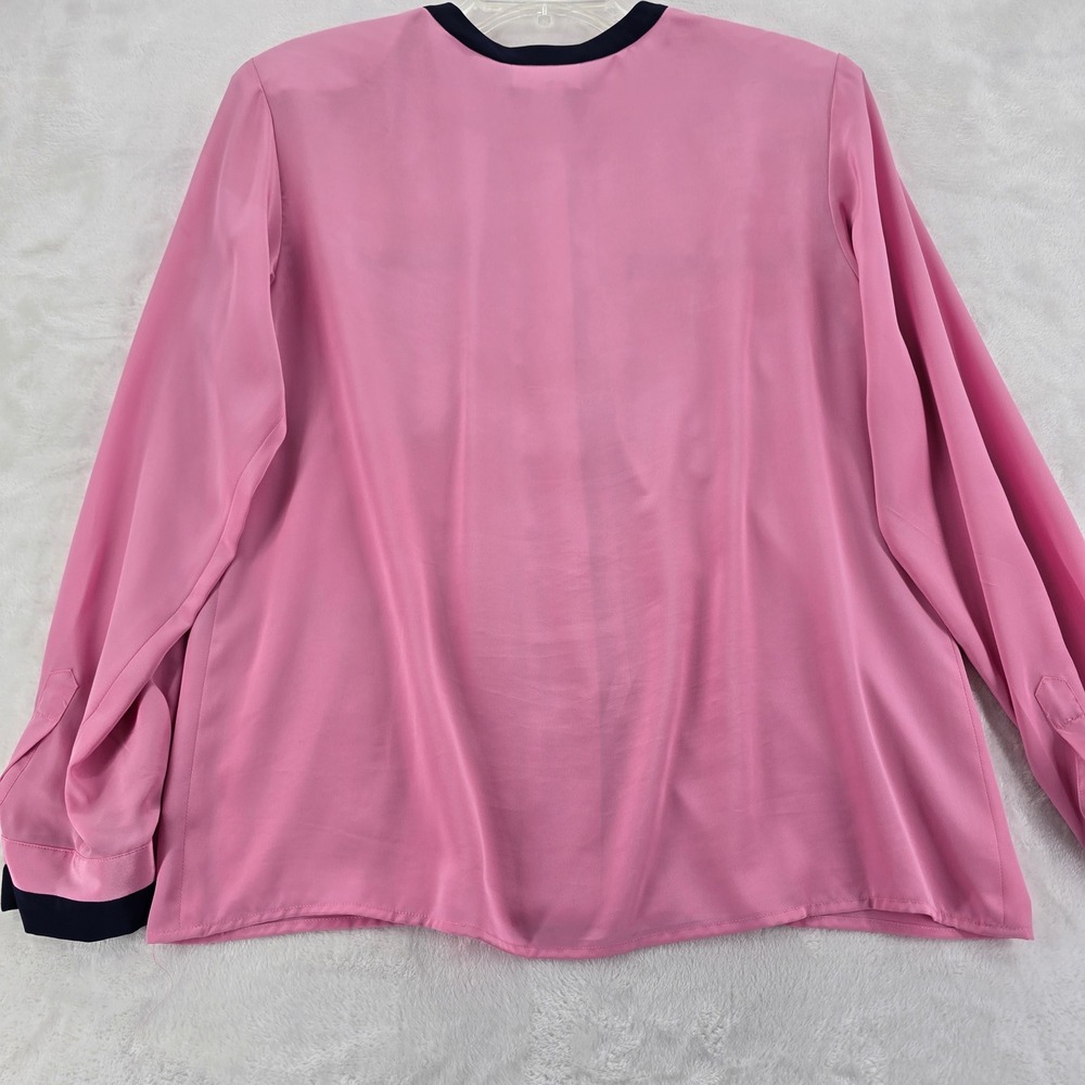 Evan Picone Blouse Womens 10 Button Front Pink Navy Blue Contrast Trim Pocket - Picture 5 of 6